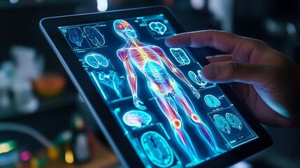 Digital anatomy display on tablet showcasing human body systems.