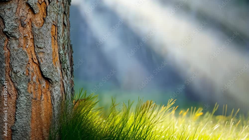 Poster sunlight filtering through trees in a serene forest scene with textured bark