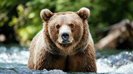 Fototapeta premium A brown bear fishing in a river during salmon season.