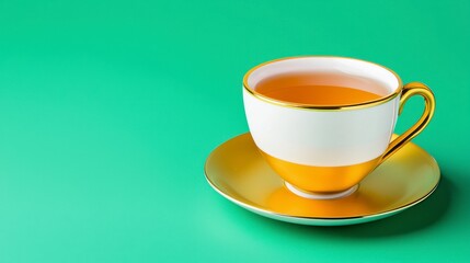 Fototapeta premium Elegant Teacup and Saucer with Golden Trim on Vibrant Background