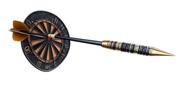 3D dart hitting on target at the center business isolated on transparent  background 