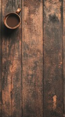 Dark Coffee in Rustic Mug on Wooden Table