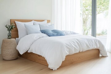Fototapeta premium A serene bedroom featuring a wooden bed and natural light.