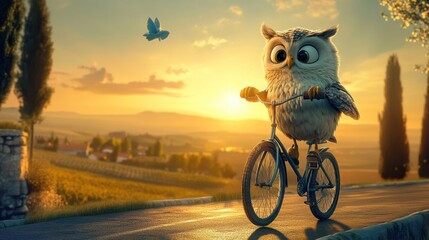 Fun Cartoon Owl Riding Bicycle at Sunset with Scenic Landscape