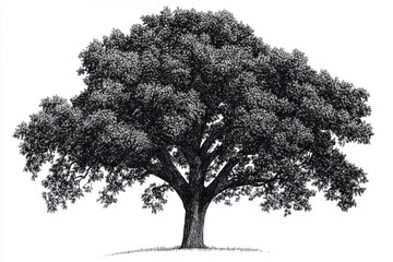 Fototapeta premium The image is a black and white illustration of a tree, featuring detailed shading and lines to depict the leaves and branches