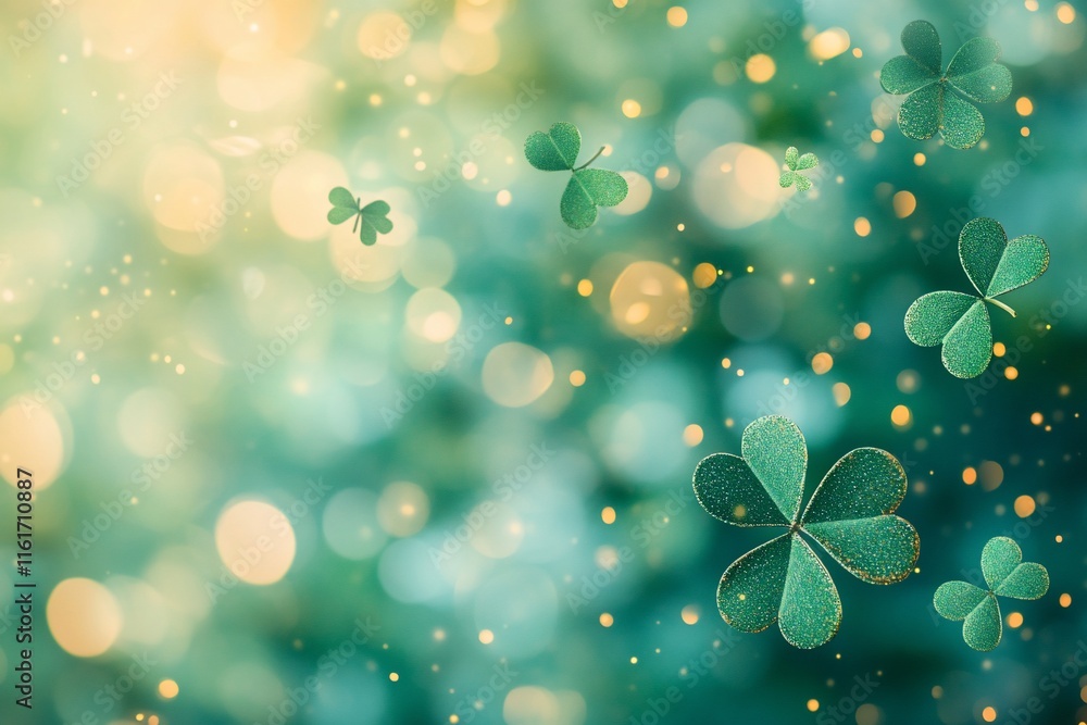 Poster a dreamy background featuring floating clovers and soft bokeh lights.