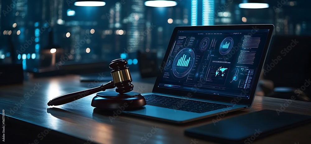 Poster a gavel beside a laptop displaying data analytics in a modern workspace.