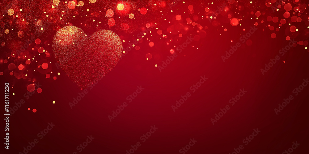 Poster golden heart shining on red background with sparkling glitter and bokeh lights