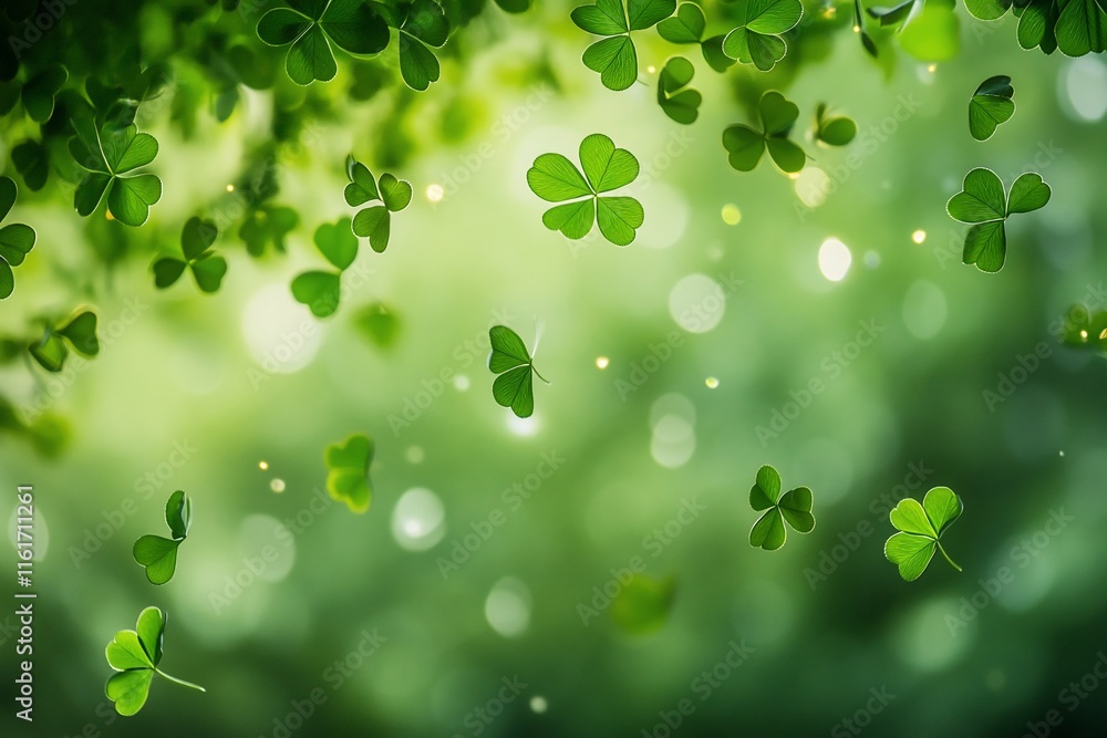 Poster a serene background of floating green clovers in a soft, blurred setting.