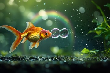 A goldfish blowing bubbles that form a rainbow over a pond.