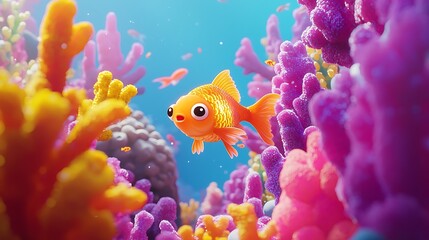 A goldfish in a tiny scuba suit swimming in a colorful cartoon coral reef.