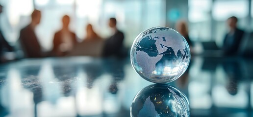 A glass globe on a reflective surface with business people in the background.