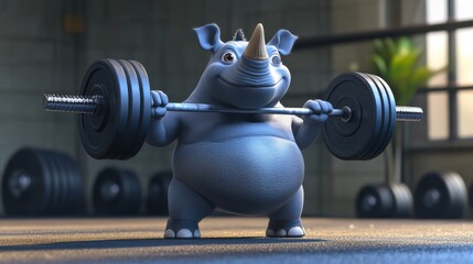 Cute Cartoon Rhino Lifting Weights in a Gym Setting