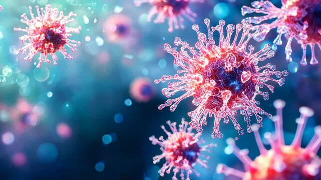 Colorful depiction of virus particles in a microscopic view showcasing detailed structures and vibrant colors