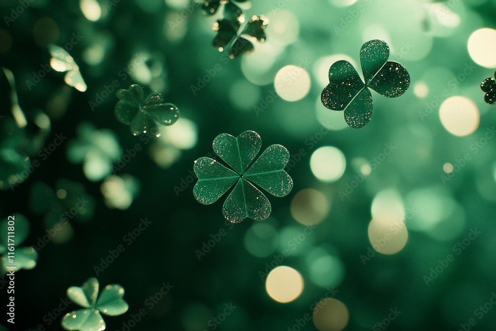Poster a dreamy scene of floating green clovers with a bokeh background.