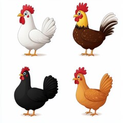 Cartoon Illustrations of Four Distinct Chicken Breeds Featuring Colorful Designs and Unique Characteristics in Playful Style for Kids and Educational Use