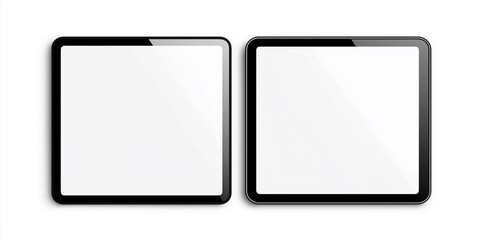 Two black tablets showing blank white screen displaying on white background