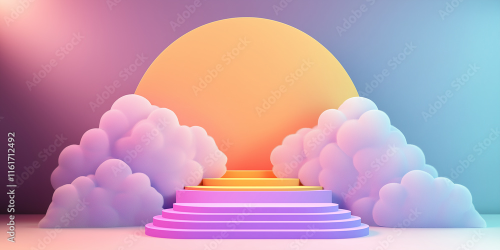 Poster Round yellow backdrop with clouds and a colorful podium creating a dreamlike atmosphere