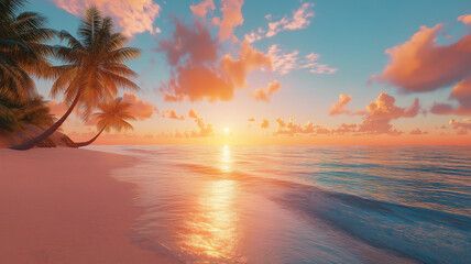 Tranquil island beach with palm trees, calm sea, and a golden sunset horizon, ideal