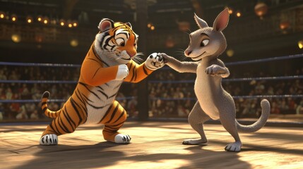 Animated Tiger and Kangaroo in a Boxing Ring During a Match
