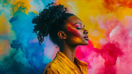 Model showcasing vibrant face paint against a colorful abstract background in a creative studio