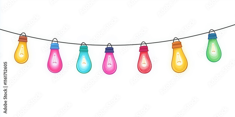 Poster string of colorful hanging light bulbs illuminating white background