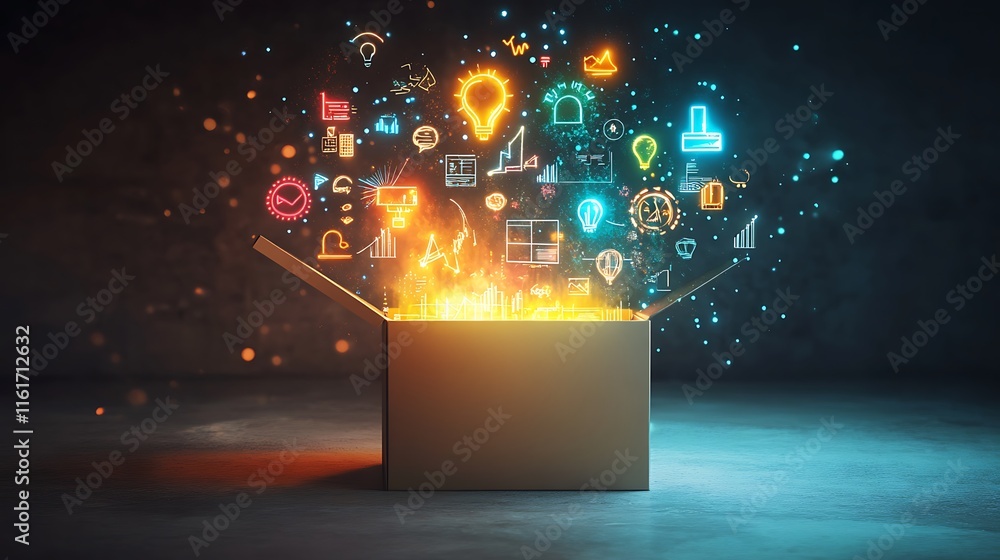 Poster a glowing box emits colorful icons representing ideas and technology.