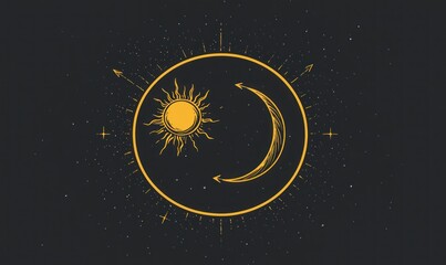 Celestial sun and crescent moon in a circle.