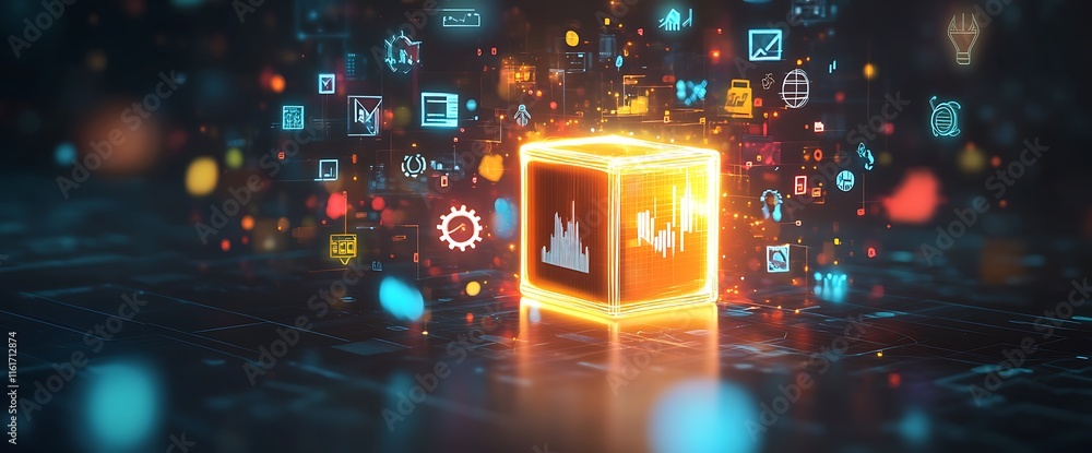 Poster a glowing cube surrounded by various digital icons representing technology.