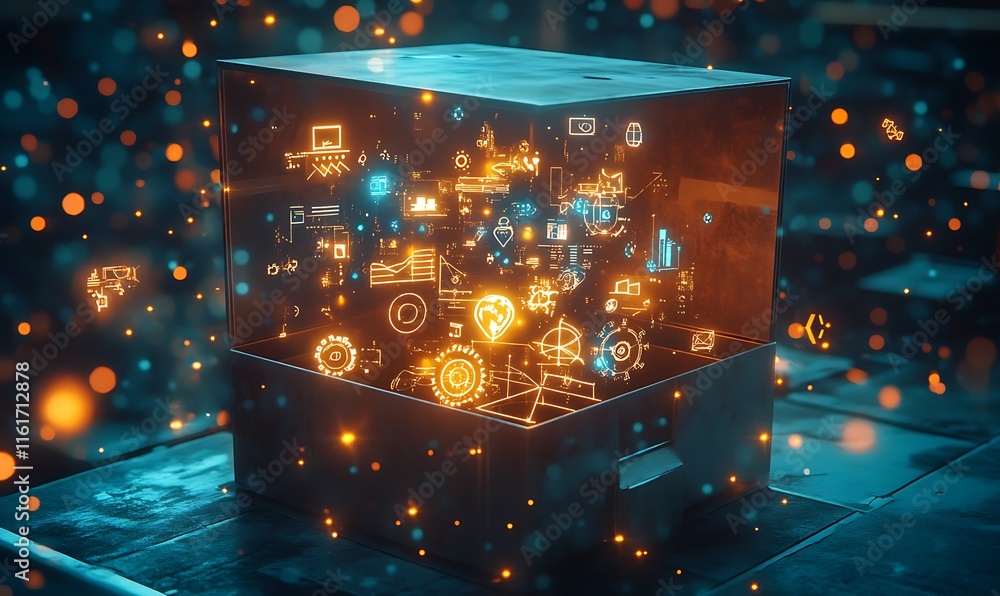Aufkleber a glowing cube with digital icons representing technology and innovation.