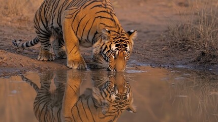 Naklejka premium Young Tiger Drinking Water Reflecting In Still Pond