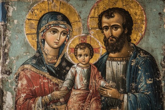 Devotional in essence - icon of the Holy Family with Saint Mary, Joseph, baby Jesus Christ, symbolizing Christmas blessings, Easter joy, fasting observance, spiritual depth, sacred unity.