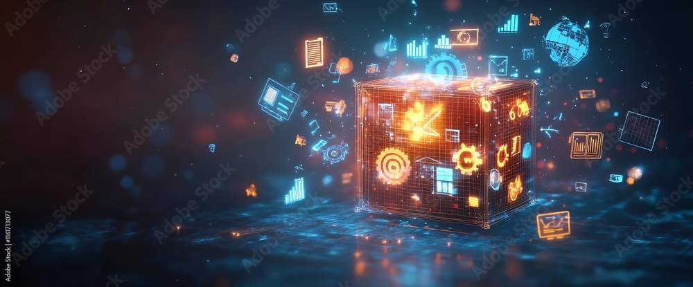 Poster a glowing cube surrounded by digital icons representing technology and data.