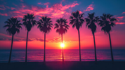Obraz premium Stunning silhouette of palm trees at sunset, with the golden sky reflecting on the calm waters