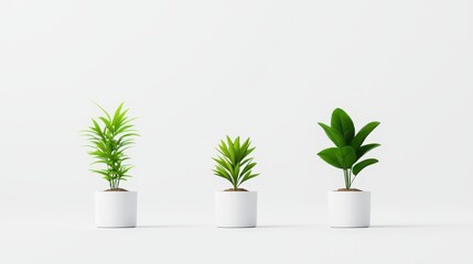 Trio of Lush Green Plants in Simple White Pots on Clean White Surface Representing Freshness and Natural Aesthetics for Modern Home Decor