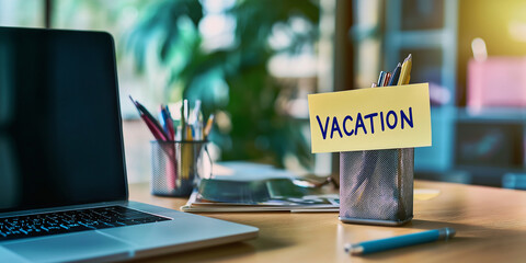 Vacation note on desk with laptop and office supplies signifying time off
