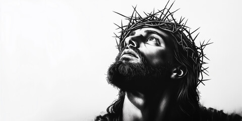 Fototapeta premium Jesus christ wearing crown of thorns looking upwards in black and white