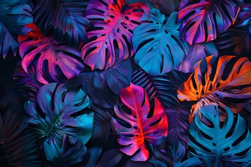 Exotic flowers and leaves on tropical background