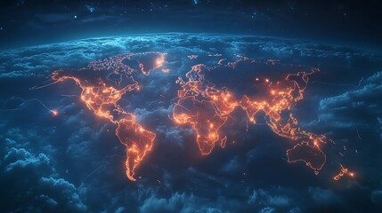 A glowing map of the world, showcasing interconnected cities and networks.