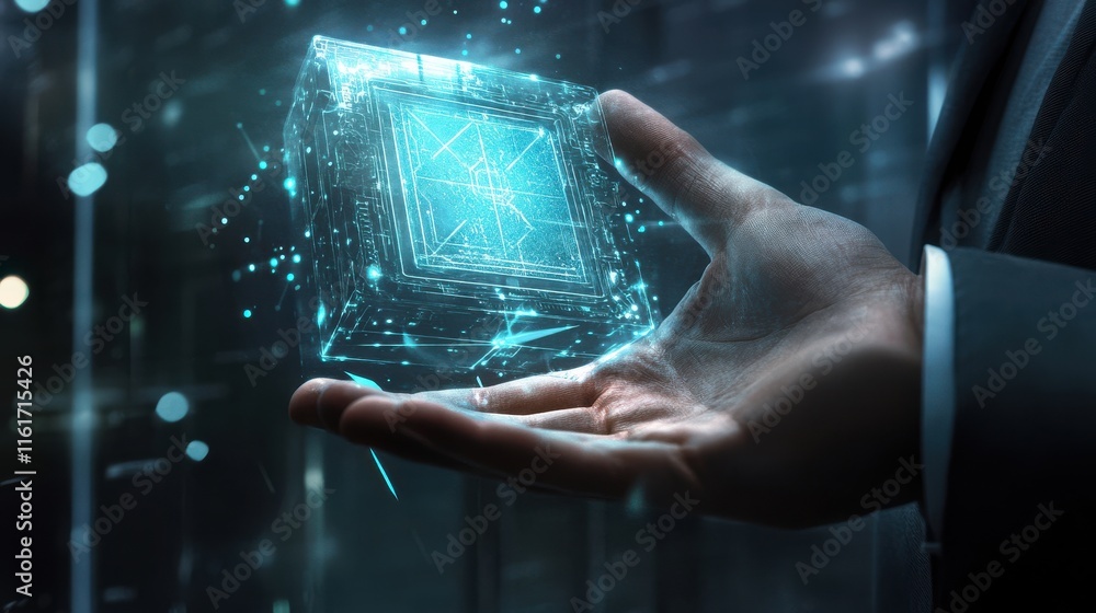 Poster digital hand holding 3d holographic object in futuristic setting