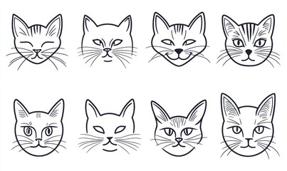Eight cute cat head illustrations in minimalist line art style.