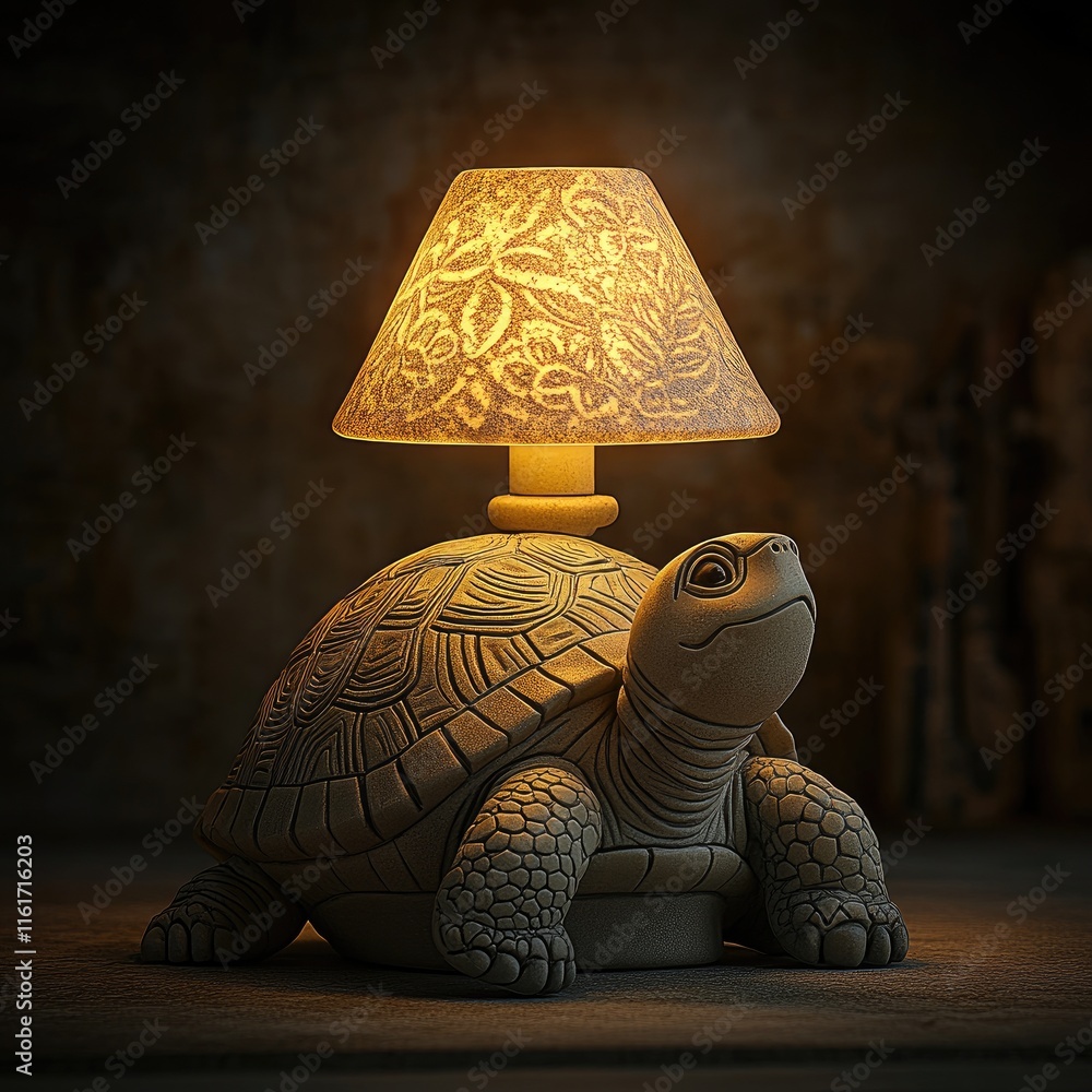 Poster a turtle-shaped lamp with a patterned shade, casting a warm glow in a dim setting.