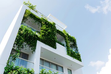 Modern green apartment buildings on a sunny day with a blue sky