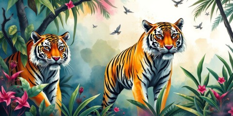 Fototapeta premium Watercolor painting of tigers surrounding empty space for text, watercolor, animals, colorful