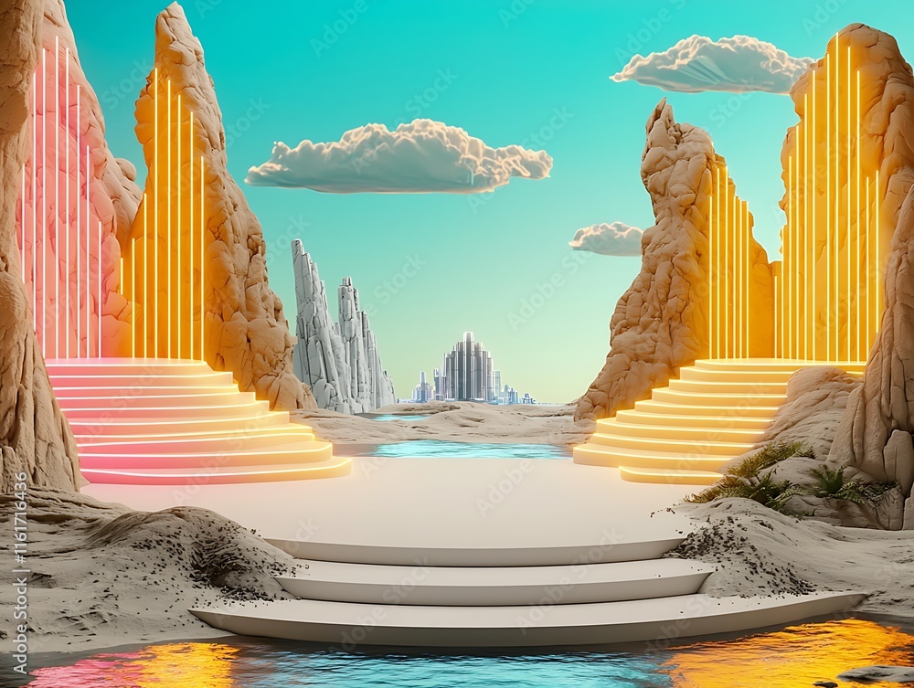 Poster surreal landscape with colorful lighted steps surrounded by rocky formations under a bright sky addi