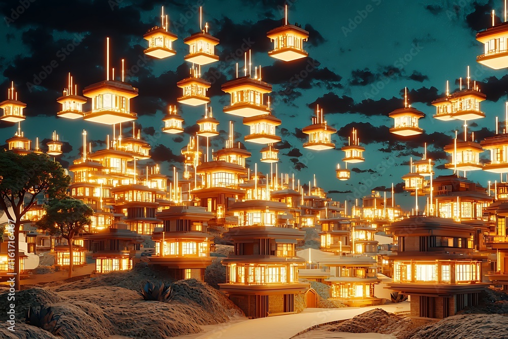 Aufkleber futuristic urban landscape with floating lanterns, luminous structures, and dynamic sky at dusk, cap