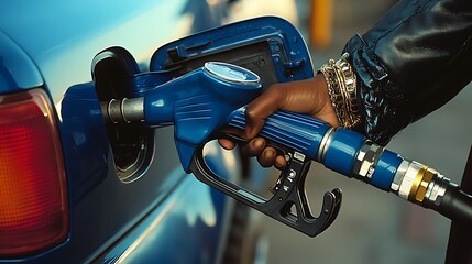 A hand holding a blue fuel nozzle, refueling a car at a gas station.