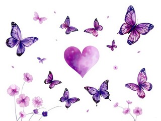 Watercolor painting of purple butterfly heart on white background with love written in center, white background, symbolic, purple