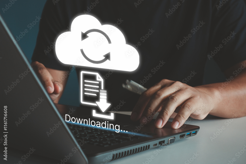 Poster businessman download data or documents to computer files. cloud technology network internet service,