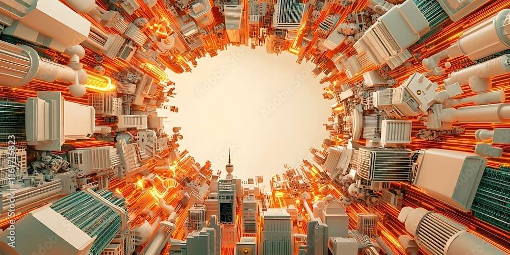 Poster futuristic cityscape with orange lighting and dynamic energy flow representing modern urban architec